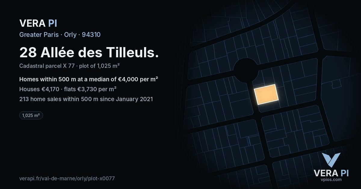 28 Allée des Tilleuls, Orly at night – the plot lit, the parcels around coloured by the prices near them