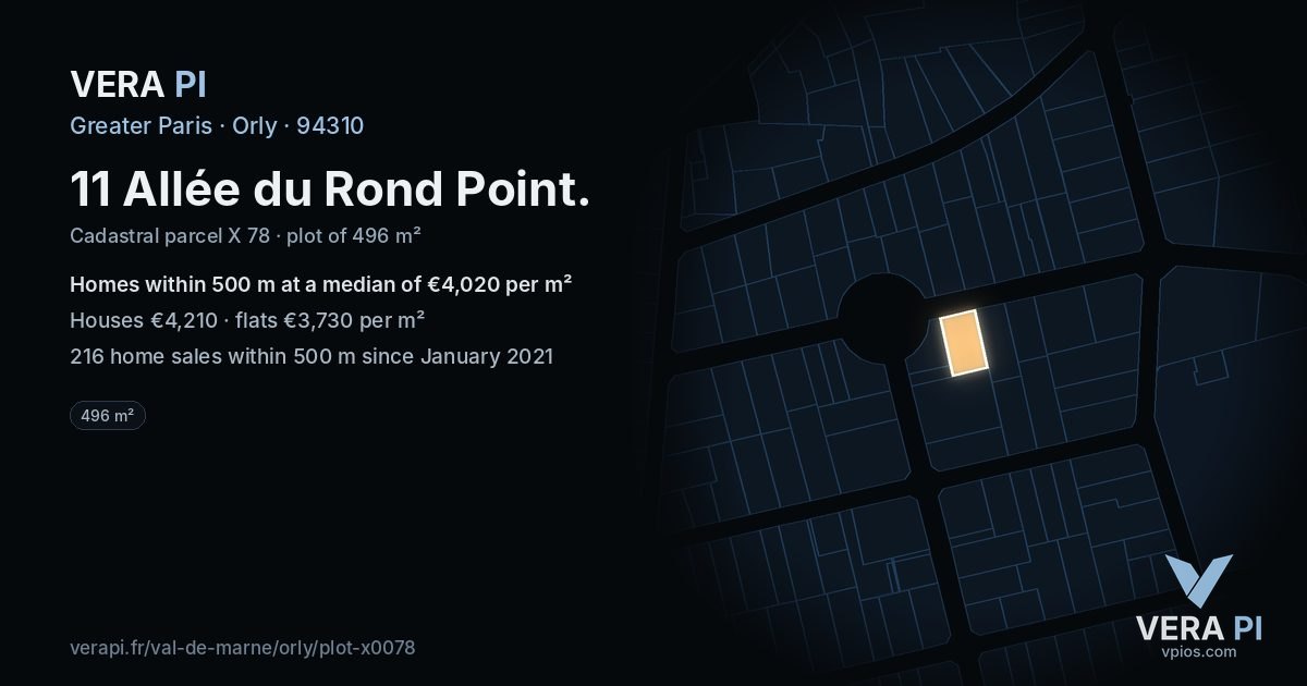 11 Allée du Rond Point, Orly at night – the plot lit, the parcels around coloured by the prices near them