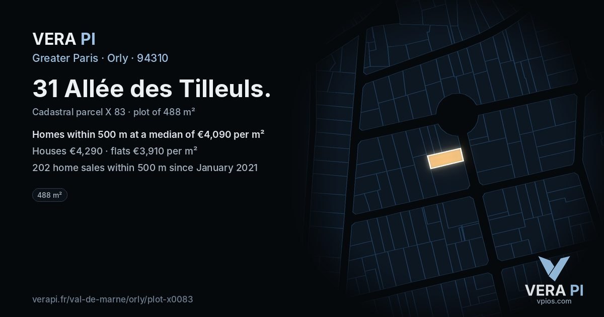 31 Allée des Tilleuls, Orly at night – the plot lit, the parcels around coloured by the prices near them