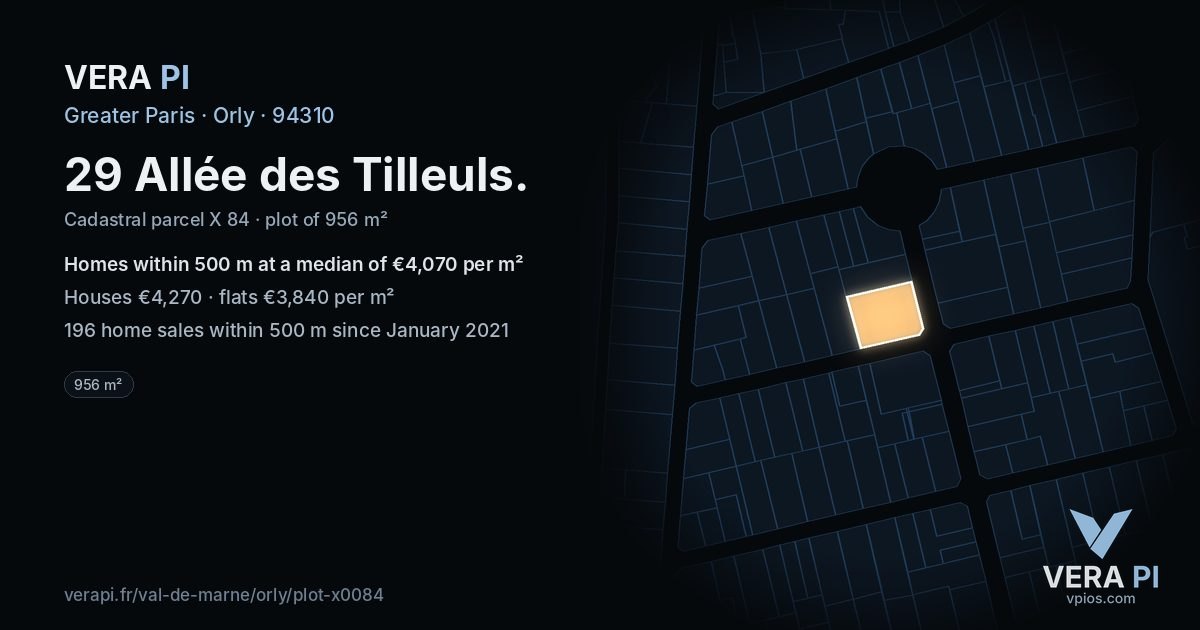 29 Allée des Tilleuls, Orly at night – the plot lit, the parcels around coloured by the prices near them