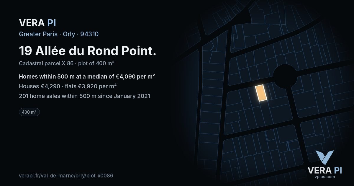 19 Allée du Rond Point, Orly at night – the plot lit, the parcels around coloured by the prices near them