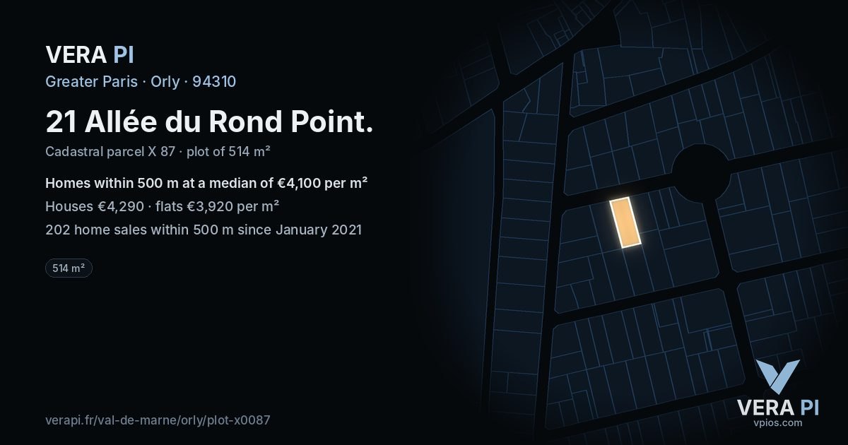 21 Allée du Rond Point, Orly at night – the plot lit, the parcels around coloured by the prices near them