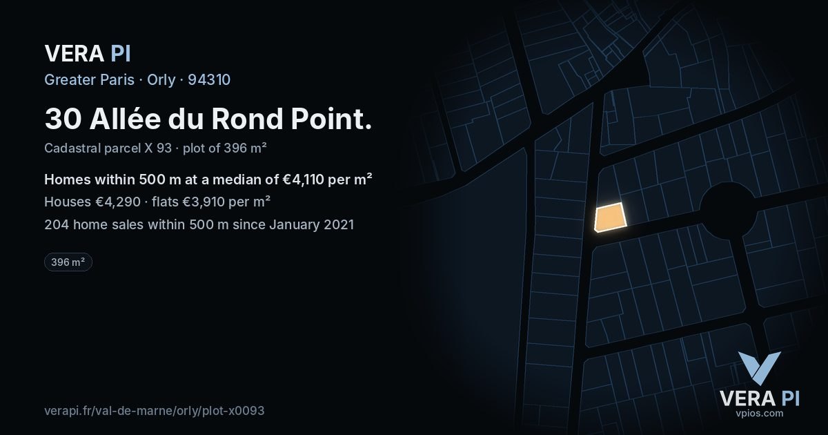 30 Allée du Rond Point, Orly at night – the plot lit, the parcels around coloured by the prices near them