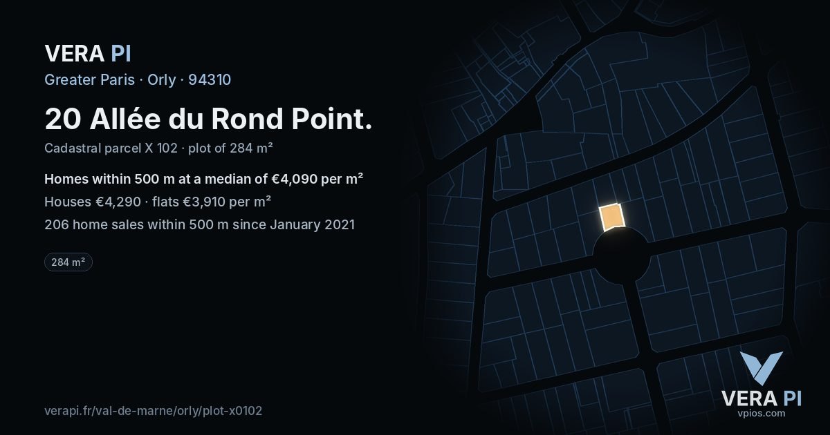 20 Allée du Rond Point, Orly at night – the plot lit, the parcels around coloured by the prices near them