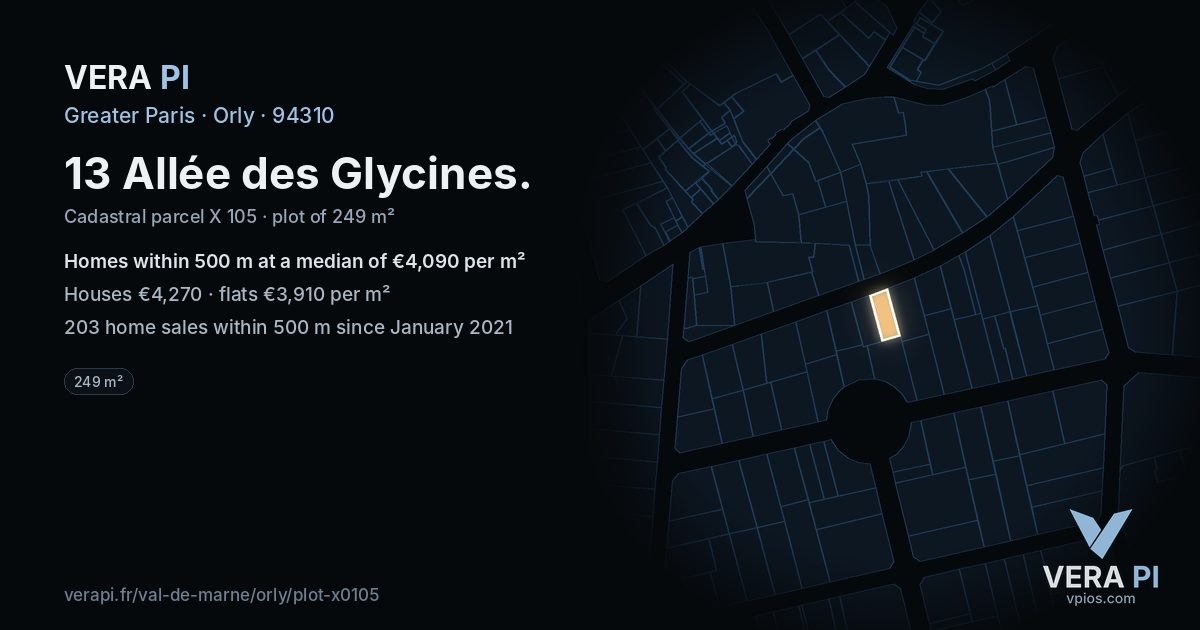 13 Allée des Glycines, Orly at night – the plot lit, the parcels around coloured by the prices near them