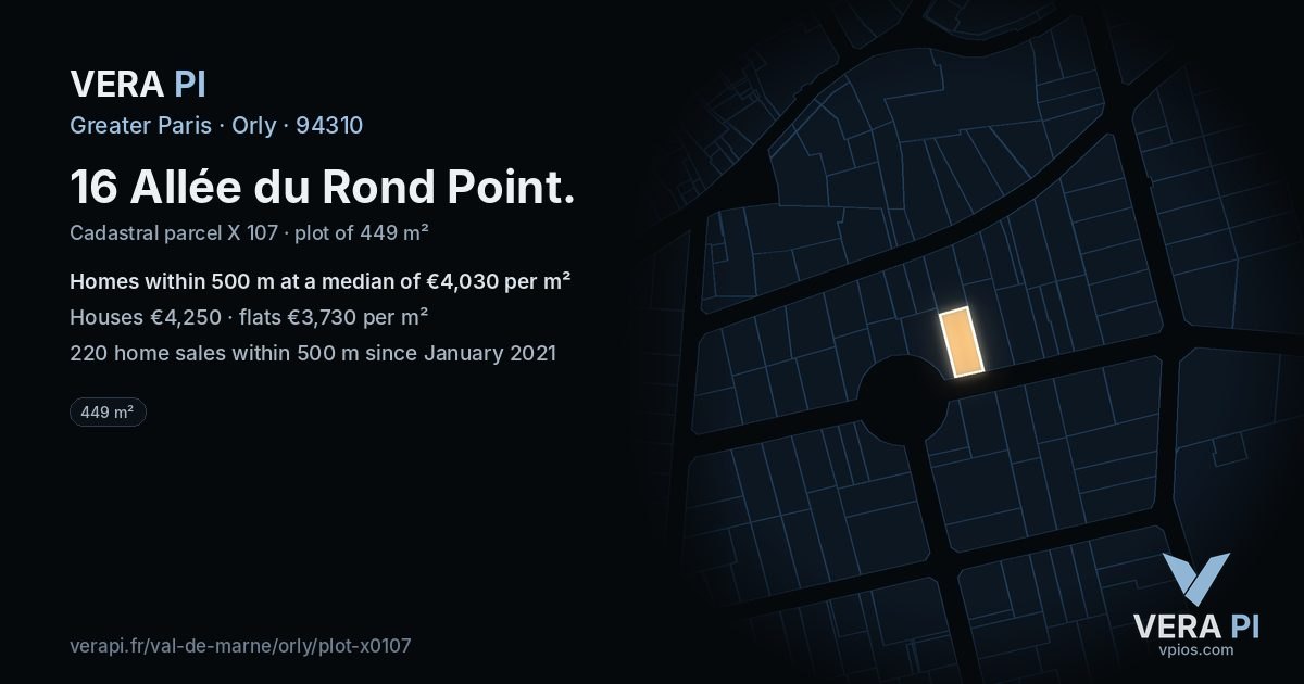16 Allée du Rond Point, Orly at night – the plot lit, the parcels around coloured by the prices near them