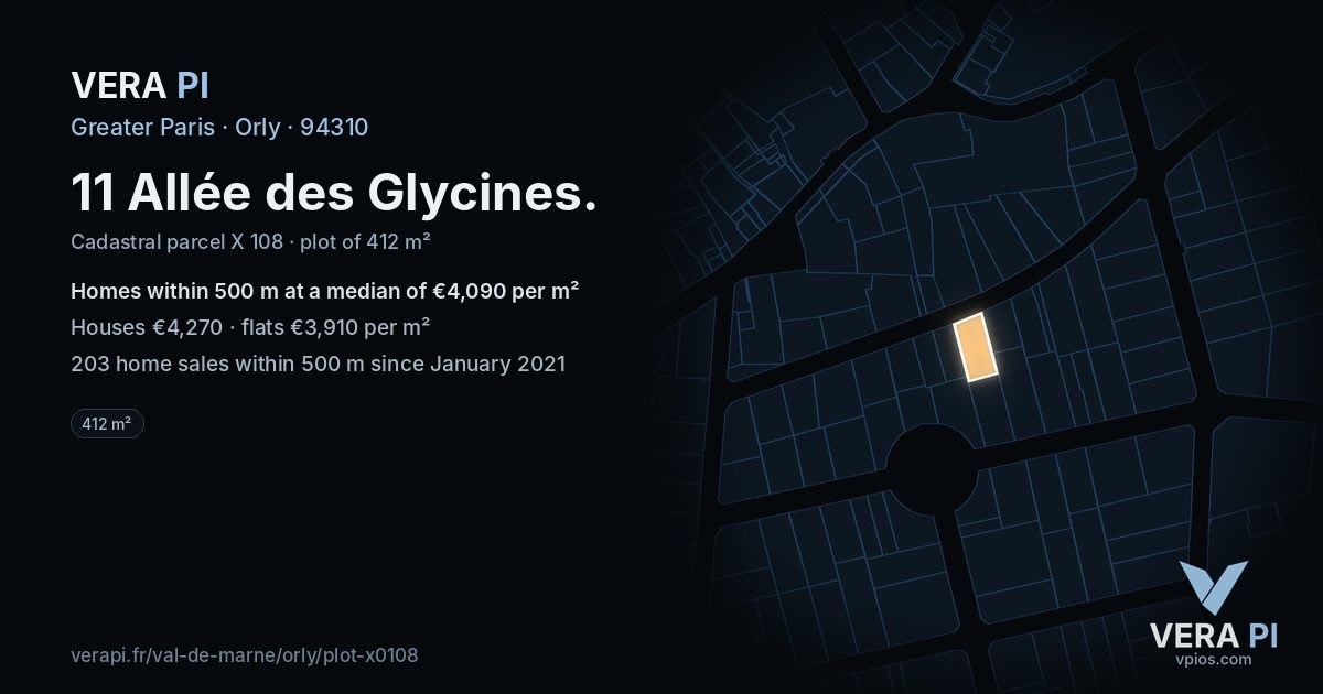 11 Allée des Glycines, Orly at night – the plot lit, the parcels around coloured by the prices near them