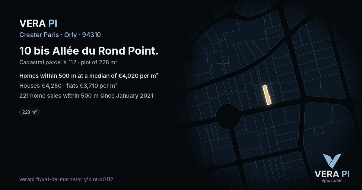 10 bis Allée du Rond Point, Orly at night – the plot lit, the parcels around coloured by the prices near them