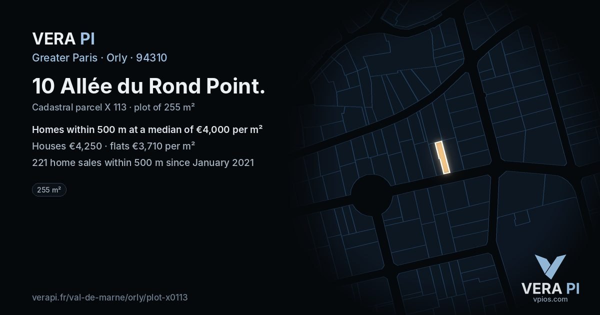 10 Allée du Rond Point, Orly at night – the plot lit, the parcels around coloured by the prices near them
