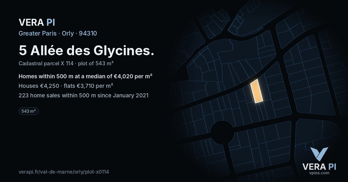 5 Allée des Glycines, Orly at night – the plot lit, the parcels around coloured by the prices near them