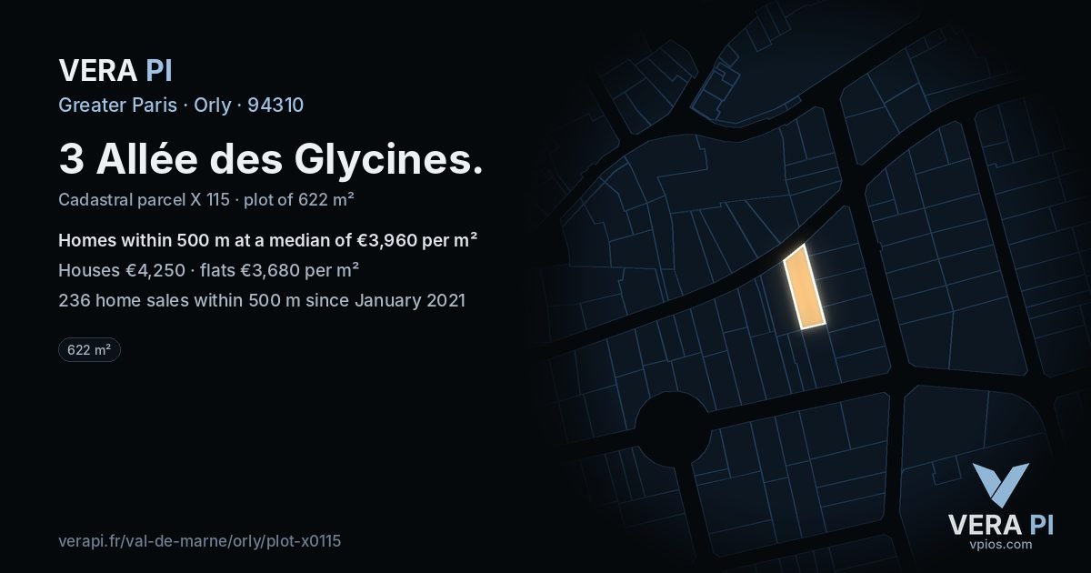 3 Allée des Glycines, Orly at night – the plot lit, the parcels around coloured by the prices near them