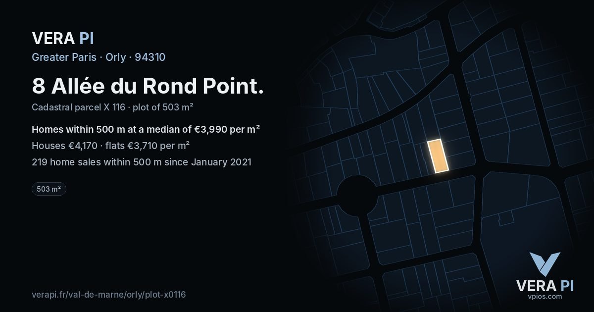 8 Allée du Rond Point, Orly at night – the plot lit, the parcels around coloured by the prices near them