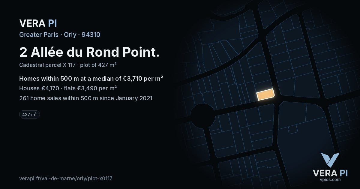 2 Allée du Rond Point, Orly at night – the plot lit, the parcels around coloured by the prices near them