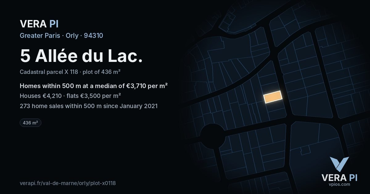 5 Allée du Lac, Orly at night – the plot lit, the parcels around coloured by the prices near them