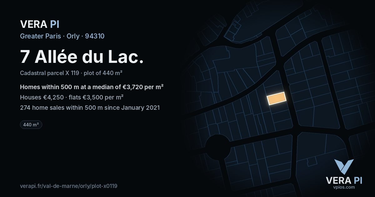 7 Allée du Lac, Orly at night – the plot lit, the parcels around coloured by the prices near them