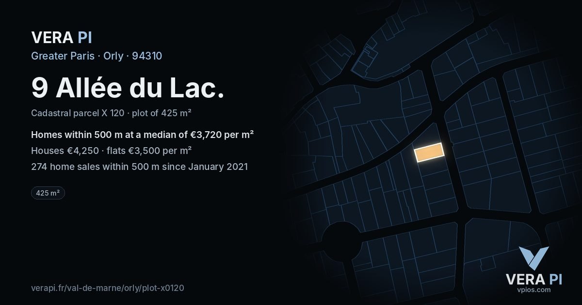 9 Allée du Lac, Orly at night – the plot lit, the parcels around coloured by the prices near them