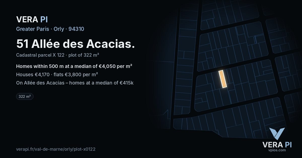 51 Allée des Acacias, Orly at night – the plot lit, the parcels around coloured by the prices near them
