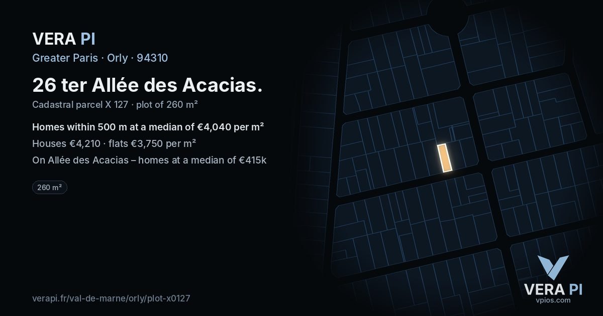 26 ter Allée des Acacias, Orly at night – the plot lit, the parcels around coloured by the prices near them