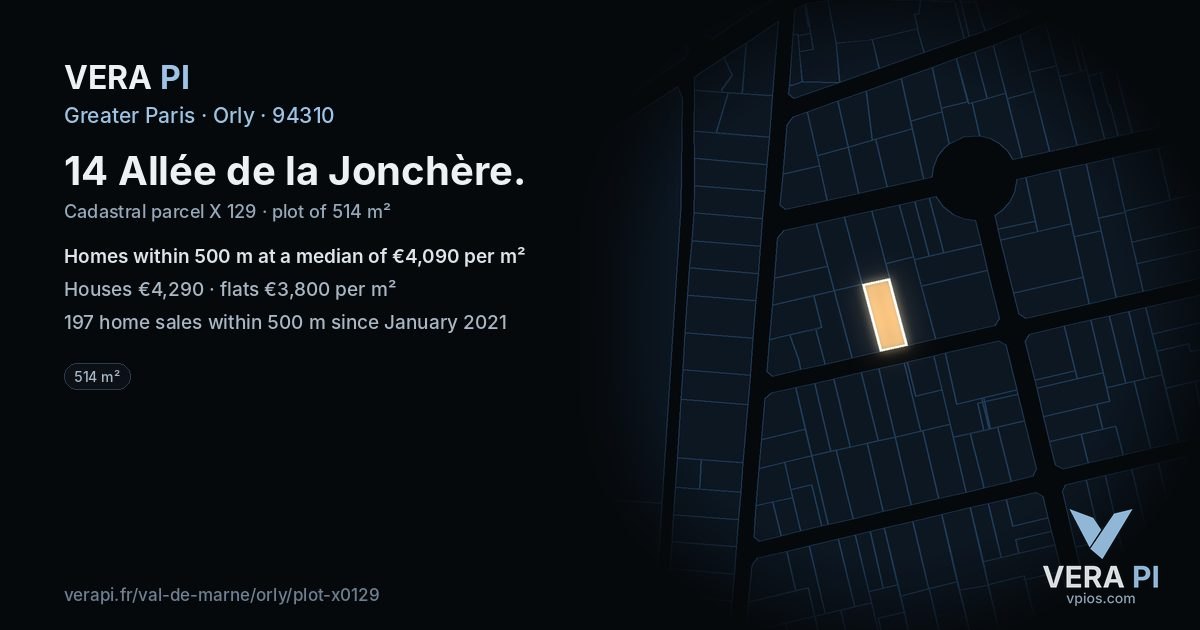14 Allée de la Jonchère, Orly at night – the plot lit, the parcels around coloured by the prices near them