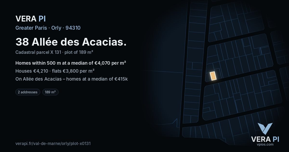 38 Allée des Acacias, Orly at night – the plot lit, the parcels around coloured by the prices near them