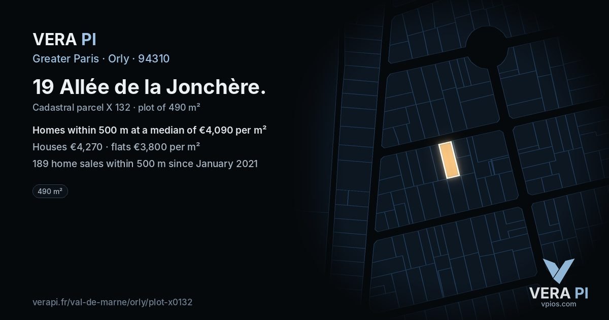 19 Allée de la Jonchère, Orly at night – the plot lit, the parcels around coloured by the prices near them