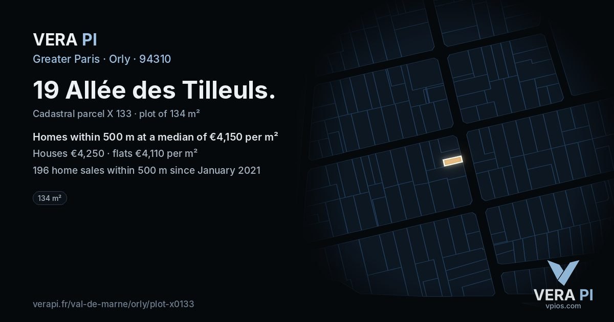 19 Allée des Tilleuls, Orly at night – the plot lit, the parcels around coloured by the prices near them