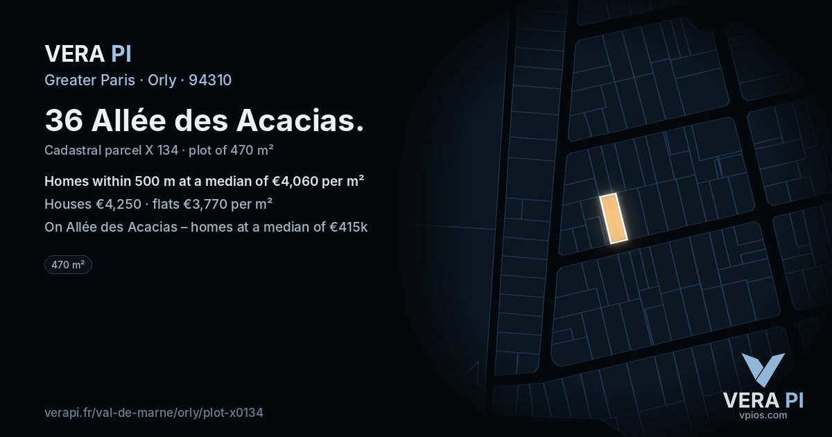 36 Allée des Acacias, Orly at night – the plot lit, the parcels around coloured by the prices near them