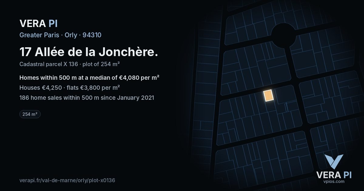 17 Allée de la Jonchère, Orly at night – the plot lit, the parcels around coloured by the prices near them