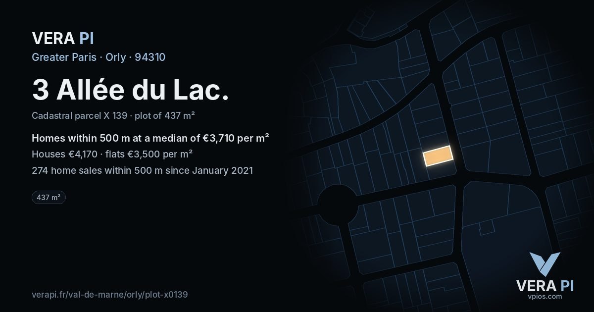 3 Allée du Lac, Orly at night – the plot lit, the parcels around coloured by the prices near them