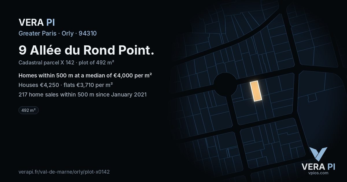 9 Allée du Rond Point, Orly at night – the plot lit, the parcels around coloured by the prices near them