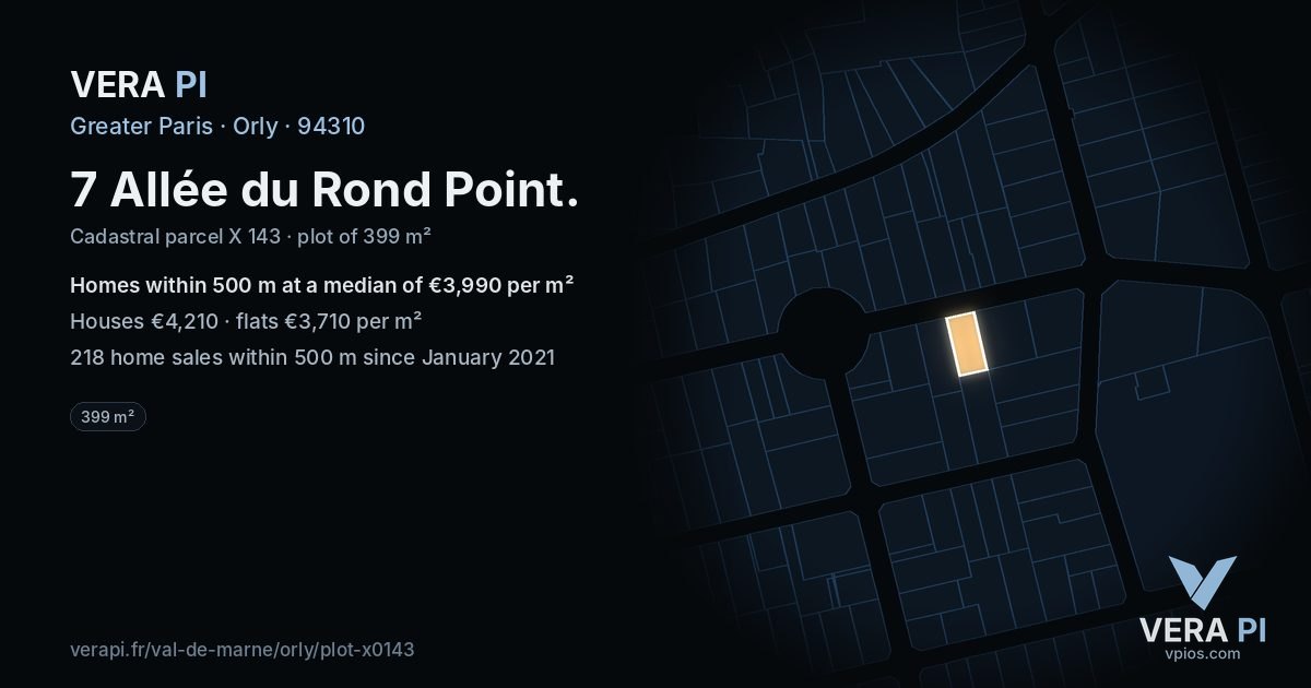 7 Allée du Rond Point, Orly at night – the plot lit, the parcels around coloured by the prices near them