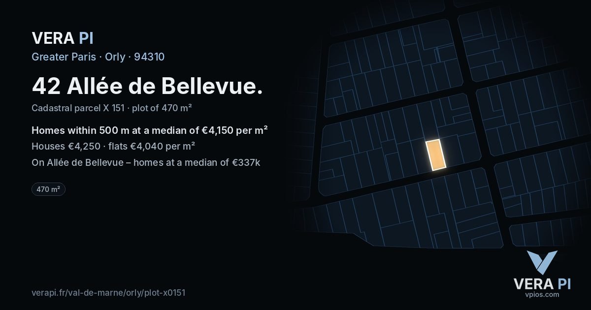 42 Allée de Bellevue, Orly at night – the plot lit, the parcels around coloured by the prices near them