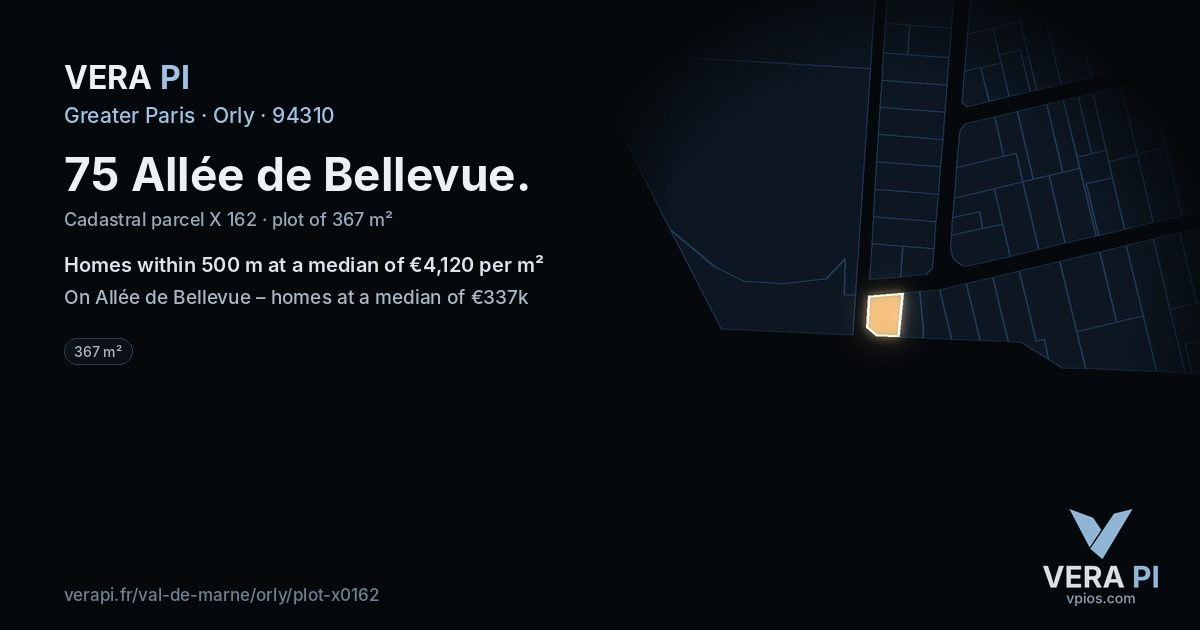 75 Allée de Bellevue, Orly at night – the plot lit, the parcels around coloured by the prices near them