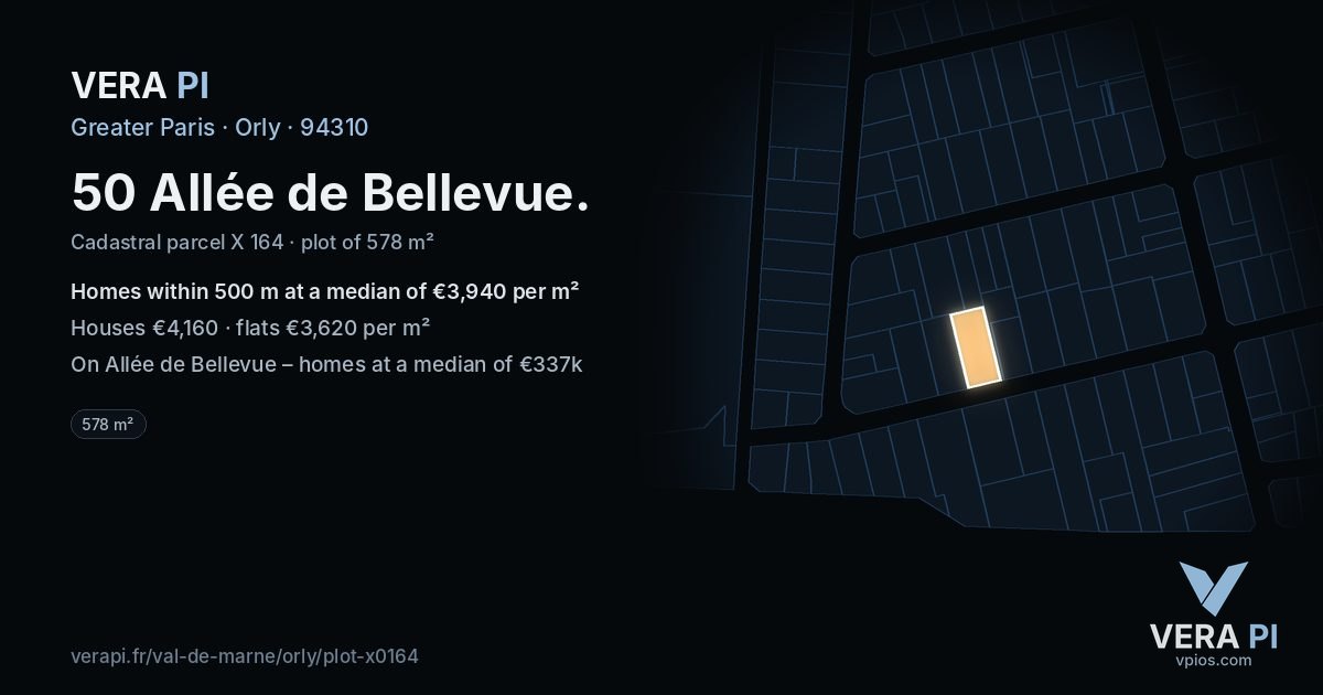 50 Allée de Bellevue, Orly at night – the plot lit, the parcels around coloured by the prices near them