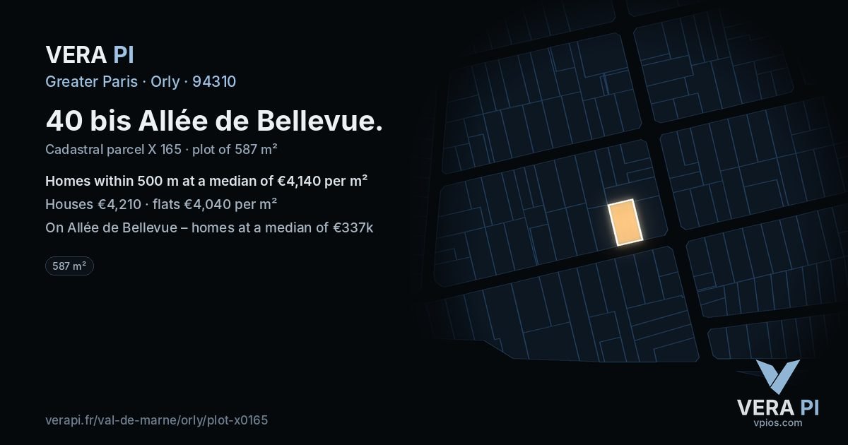 40 bis Allée de Bellevue, Orly at night – the plot lit, the parcels around coloured by the prices near them