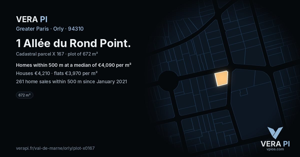 1 Allée du Rond Point, Orly at night – the plot lit, the parcels around coloured by the prices near them