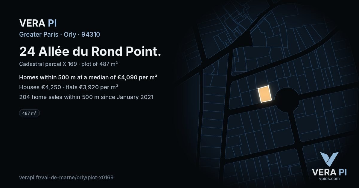 24 Allée du Rond Point, Orly at night – the plot lit, the parcels around coloured by the prices near them