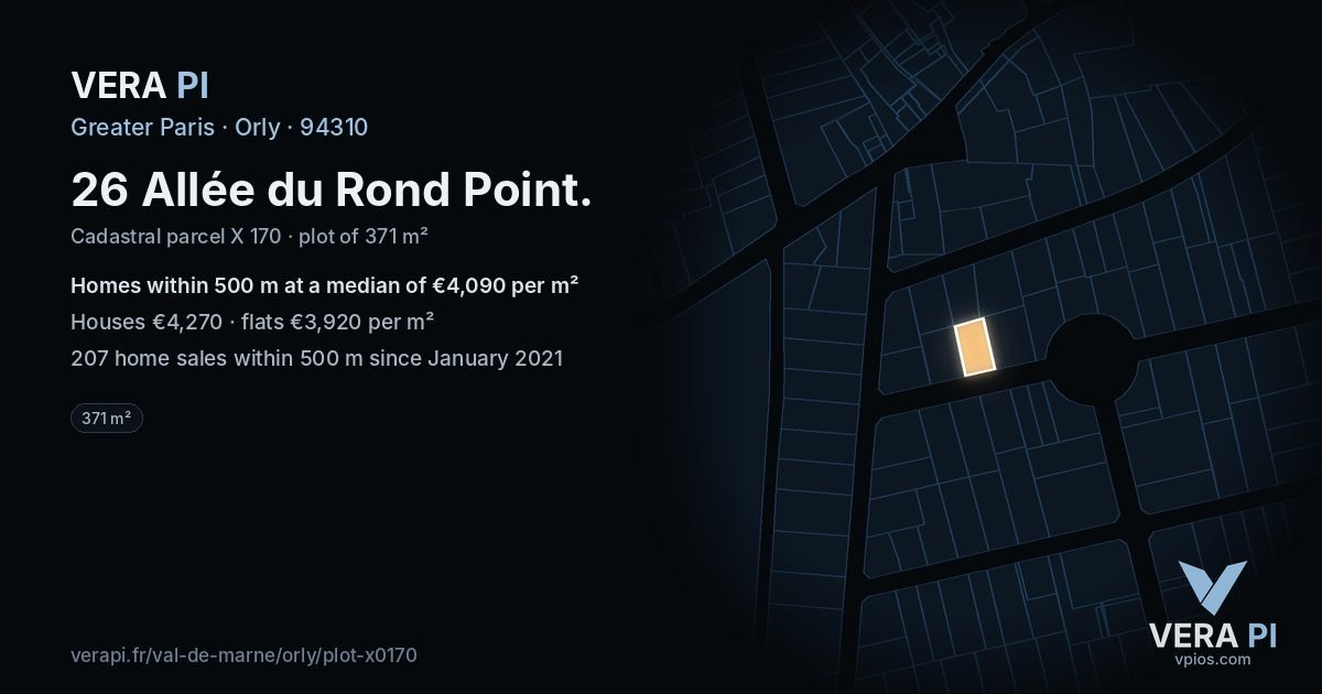26 Allée du Rond Point, Orly at night – the plot lit, the parcels around coloured by the prices near them