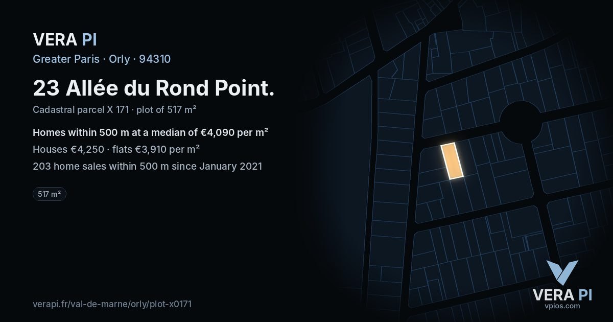 23 Allée du Rond Point, Orly at night – the plot lit, the parcels around coloured by the prices near them
