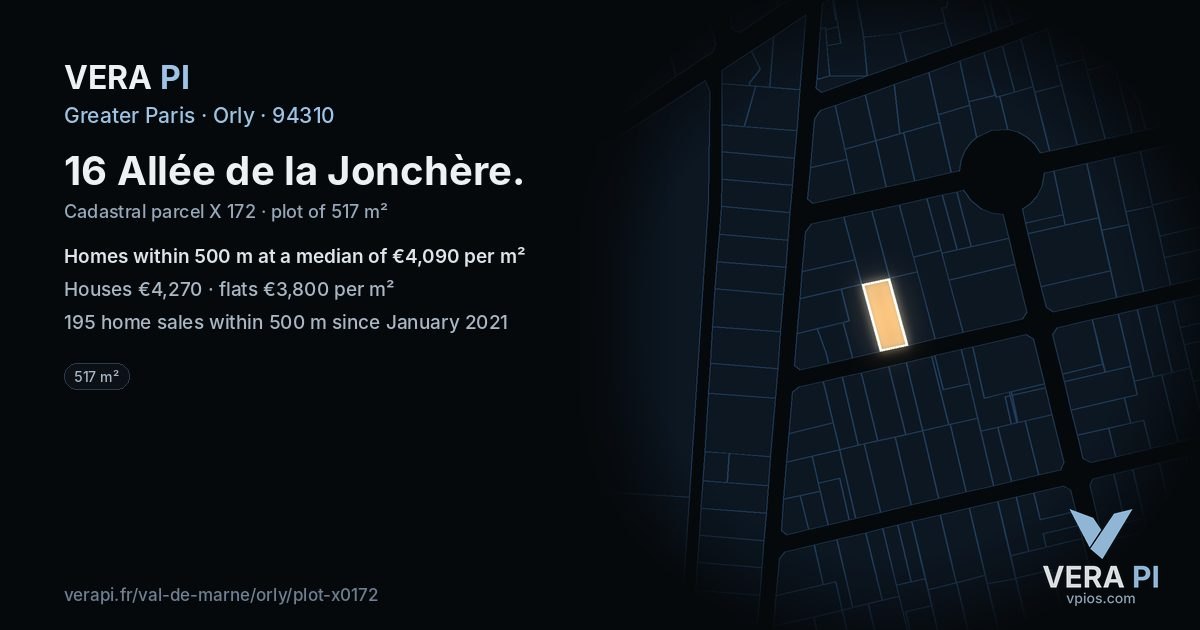 16 Allée de la Jonchère, Orly at night – the plot lit, the parcels around coloured by the prices near them