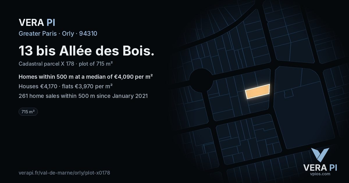 13 bis Allée des Bois, Orly at night – the plot lit, the parcels around coloured by the prices near them