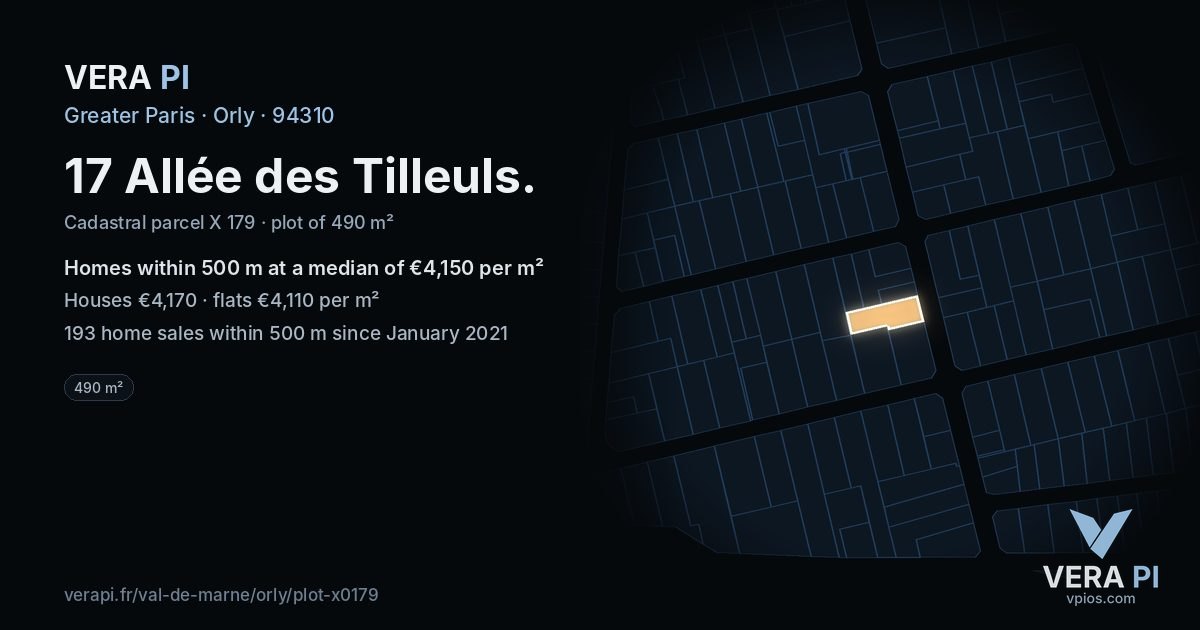 17 Allée des Tilleuls, Orly at night – the plot lit, the parcels around coloured by the prices near them