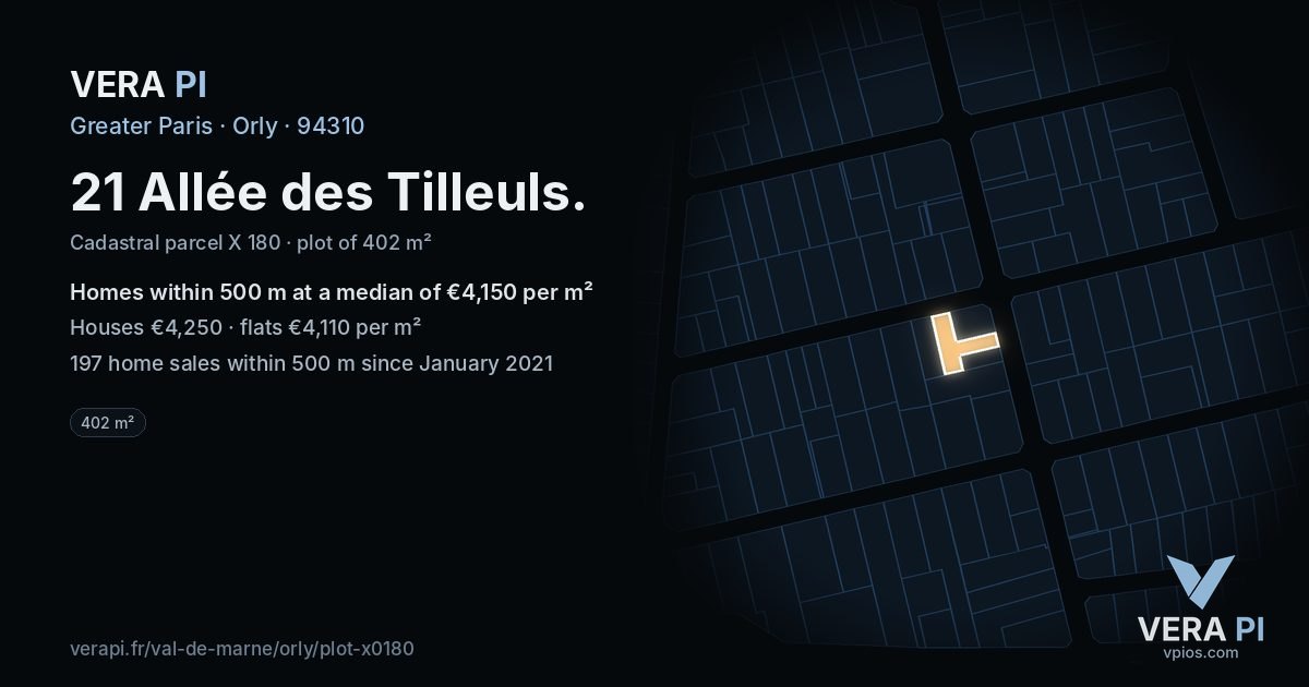 21 Allée des Tilleuls, Orly at night – the plot lit, the parcels around coloured by the prices near them