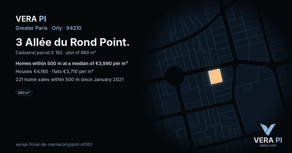 3 Allée du Rond Point, Orly at night – the plot lit, the parcels around coloured by the prices near them