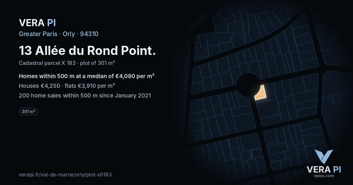 13 Allée du Rond Point, Orly at night – the plot lit, the parcels around coloured by the prices near them