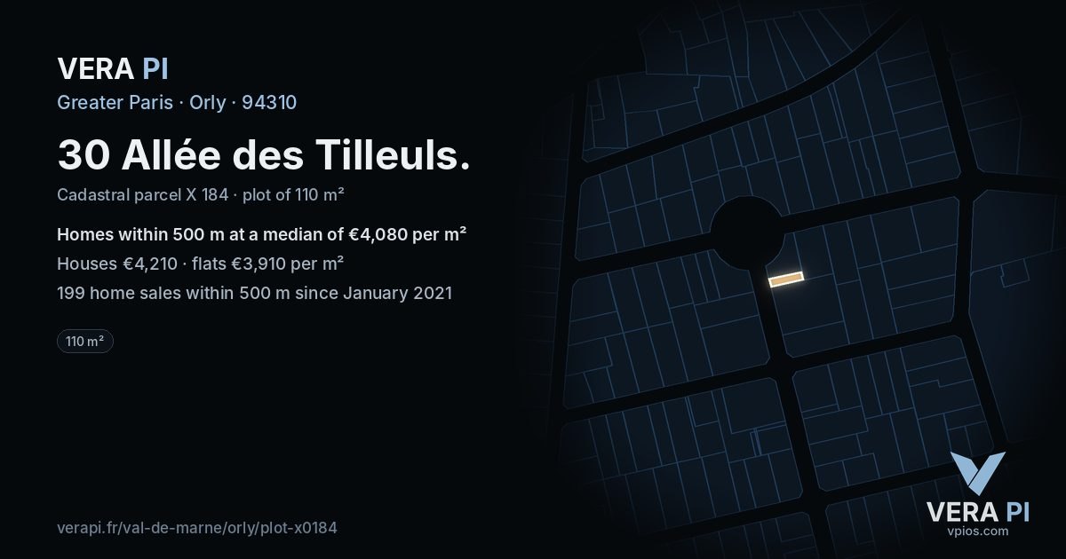 30 Allée des Tilleuls, Orly at night – the plot lit, the parcels around coloured by the prices near them