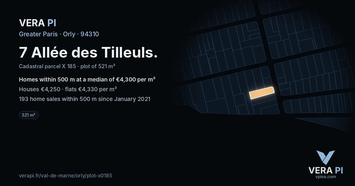 7 Allée des Tilleuls, Orly at night – the plot lit, the parcels around coloured by the prices near them