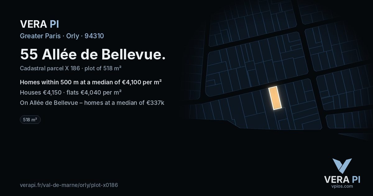 55 Allée de Bellevue, Orly at night – the plot lit, the parcels around coloured by the prices near them