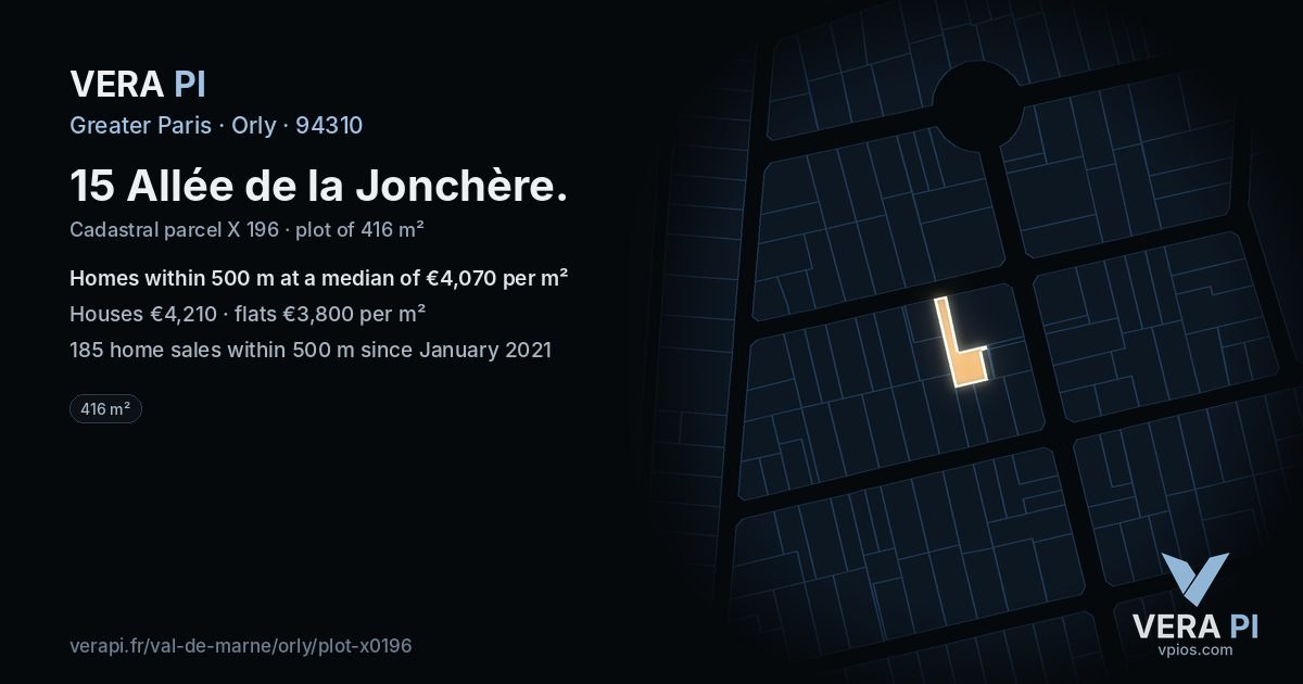 15 Allée de la Jonchère, Orly at night – the plot lit, the parcels around coloured by the prices near them