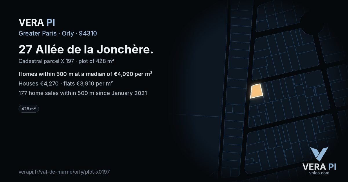 27 Allée de la Jonchère, Orly at night – the plot lit, the parcels around coloured by the prices near them